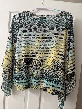 Sheer -Alfani Multicolor Printed Long-Sleeve Tunic — Yellow, Blue, Black